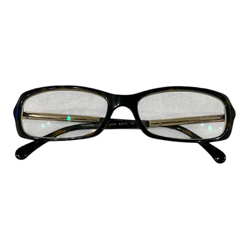 Chanel Tortise Shell Style & Gold CC Logo Engraved Rectangular Frame 3218c.714